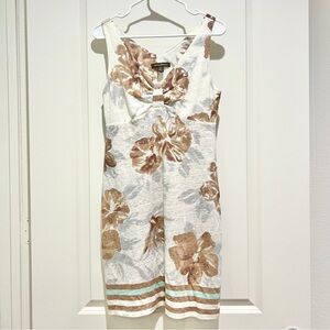 Tommy Bahama Women White Brown Floral Linen V-Neck Sleeveless Mini Dress Size S